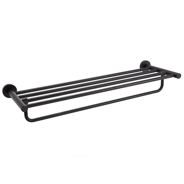 Black towel rail with shelf on a white background