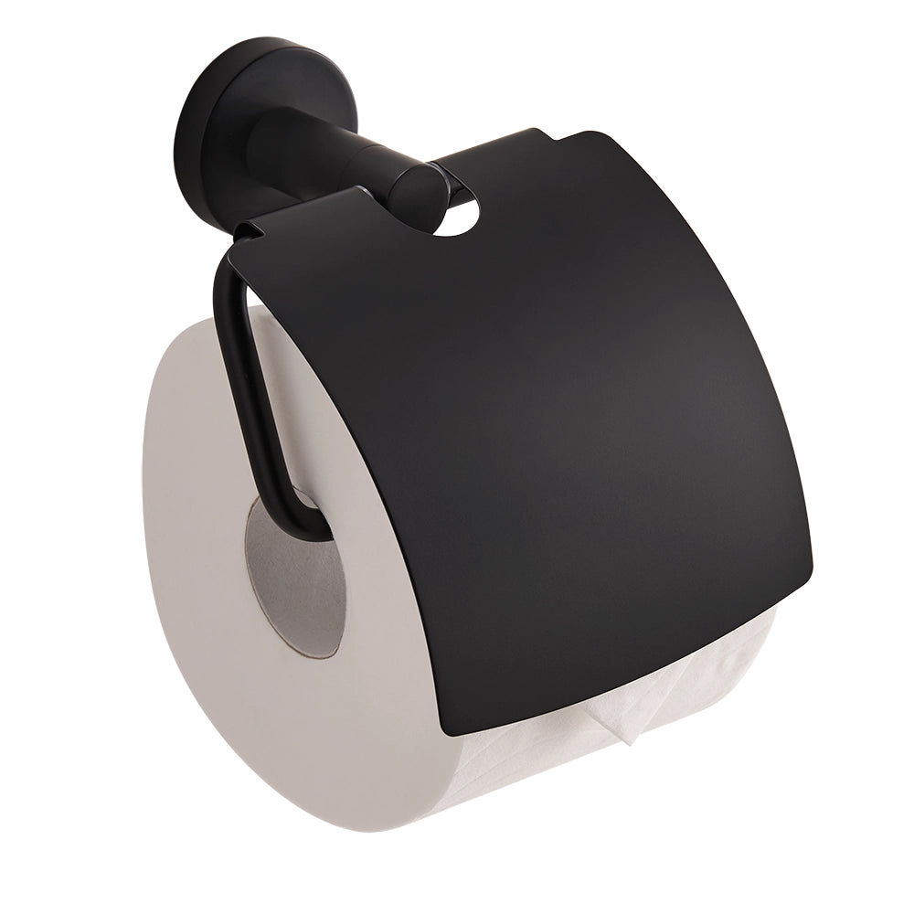 Black toilet paper holder with a roll of toilet paper on a white background