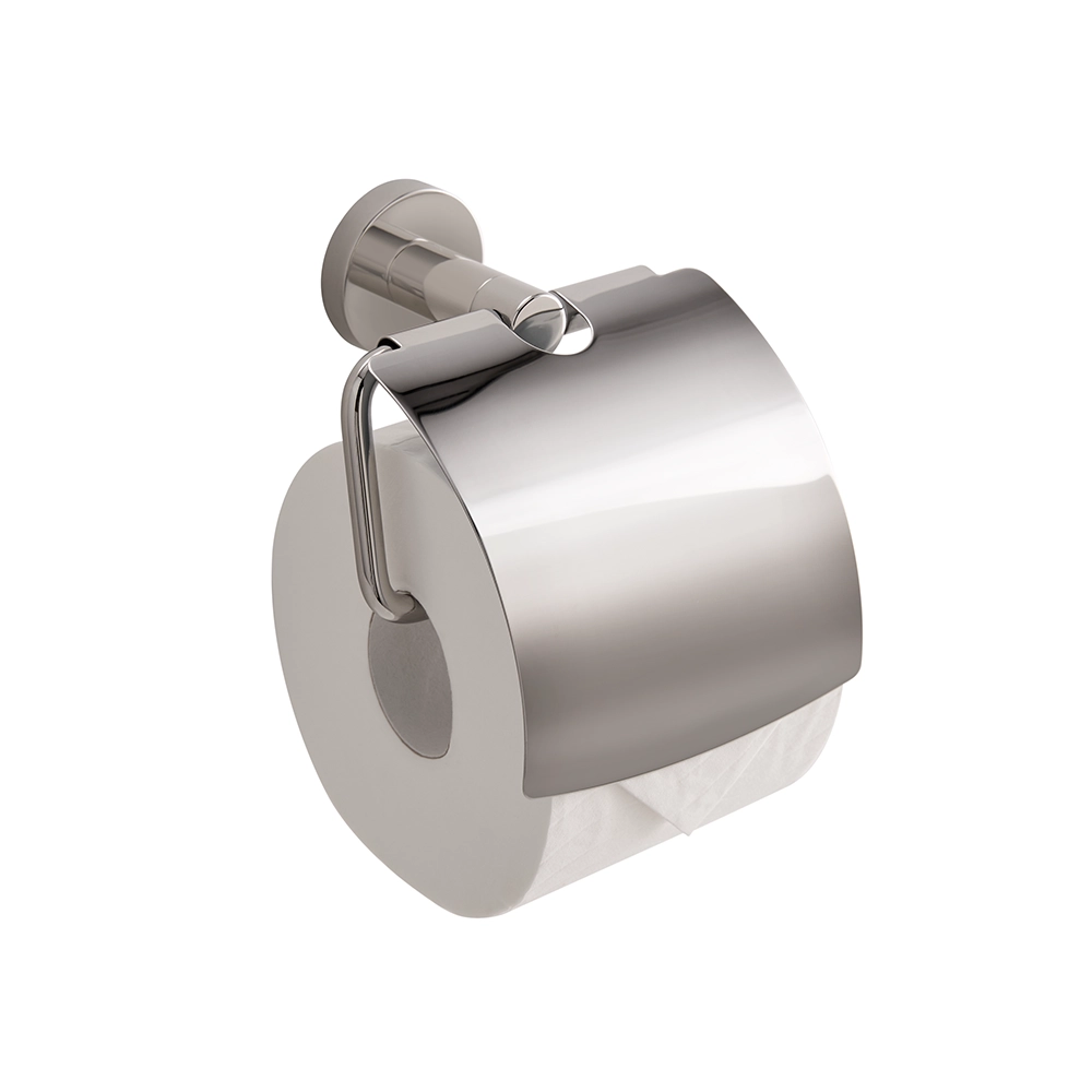 Silver toilet paper holder with a roll of toilet paper on a white background