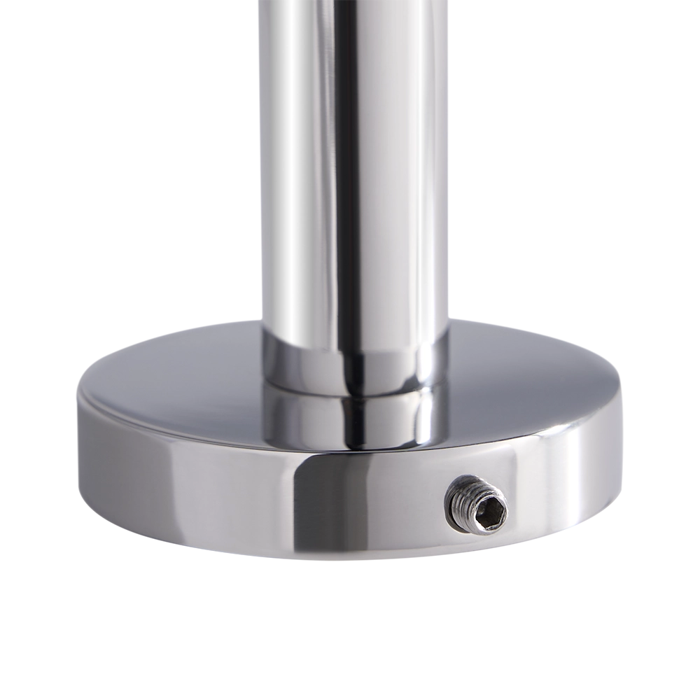 Chrome cylindrical fitting with a round base on a white background
