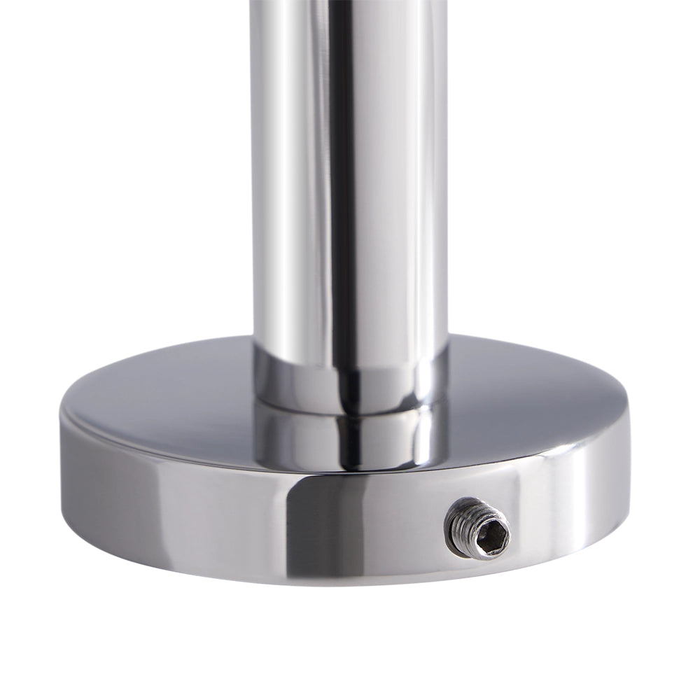 Chrome metal grab rail fitting on a white background