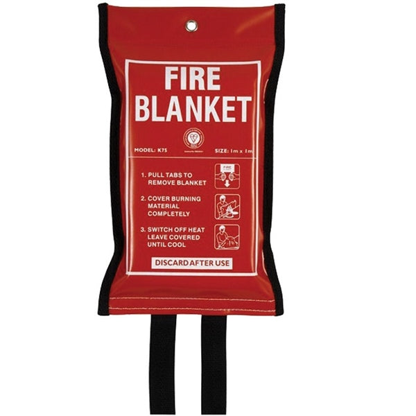 A red fire blanket with instructions printed on the front, including steps to remove the blanket and switch off heat after use.