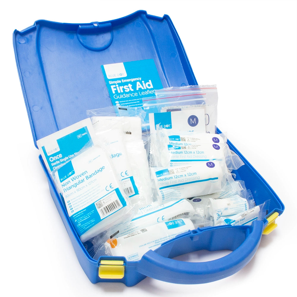 Open first aid box showing sterile contents
