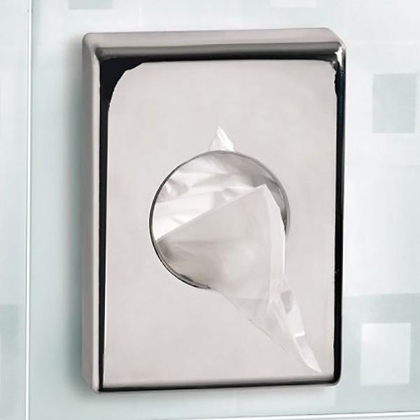 A wall-mounted chrome hygiene bag holder with a transparent hanging bag.