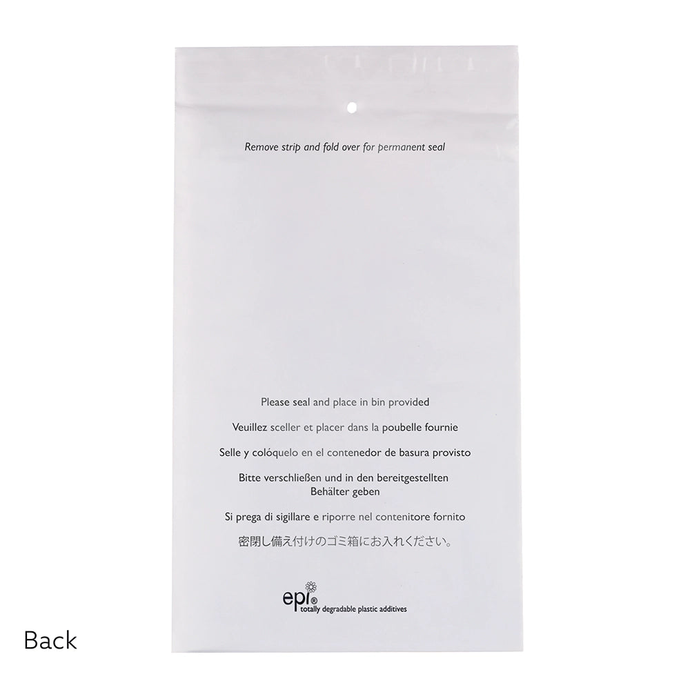 Back of plastic sanitary bag with written instructions of how to use
