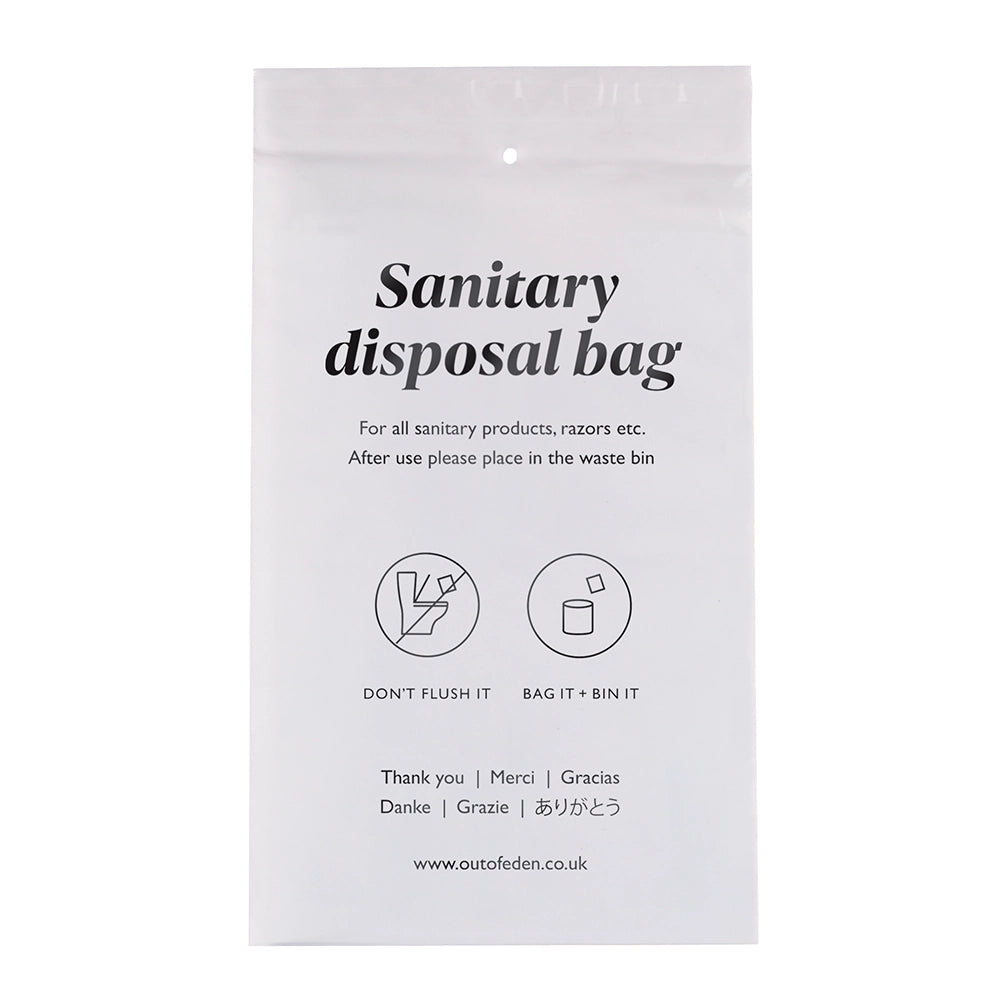 Image of front of plastic sanitary bag with information and diagrams