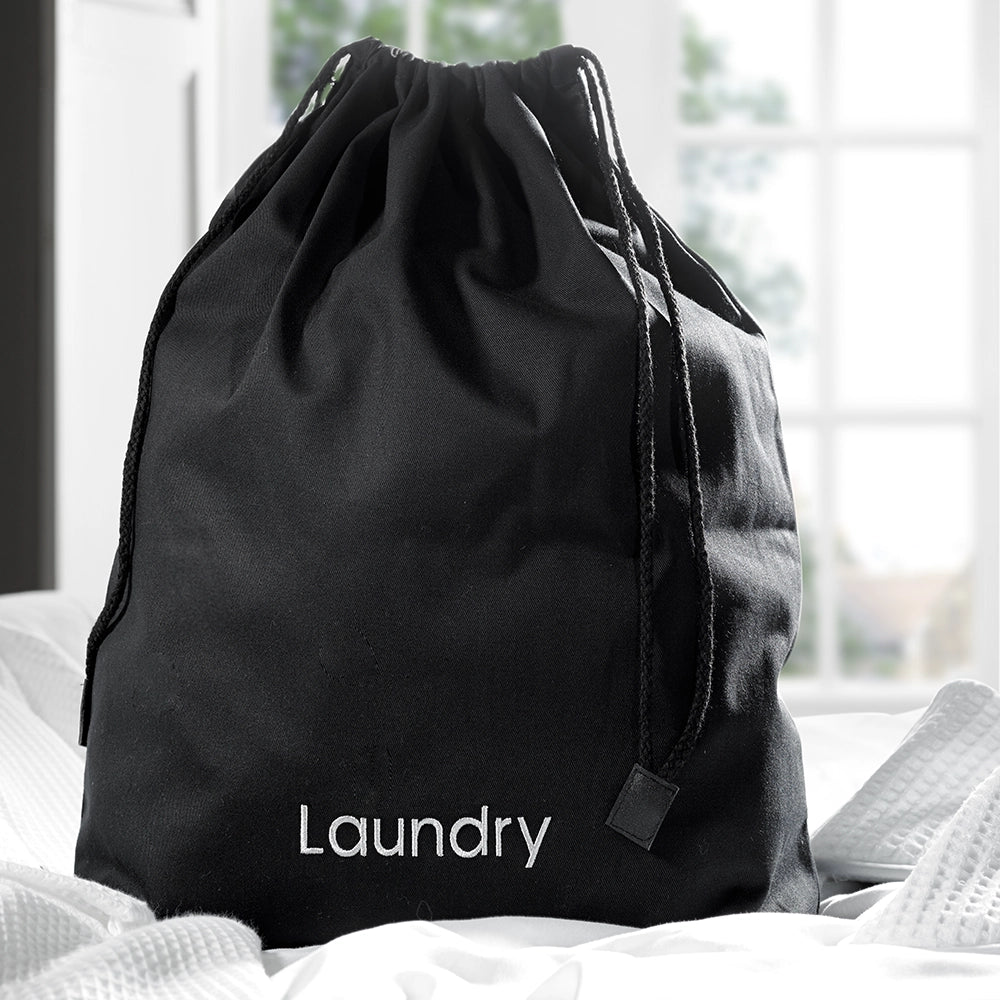 Black laundry bag with corded drawstring