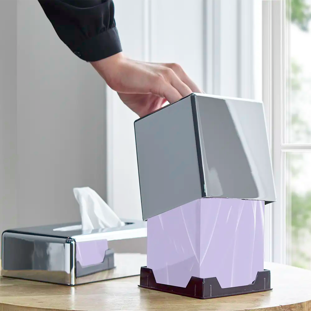 Chrome Cube Tissue Box Cover in use