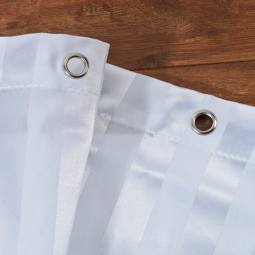 Close up of top of white Extra Long Satin Stripe Shower Curtain showing hanging eyelets