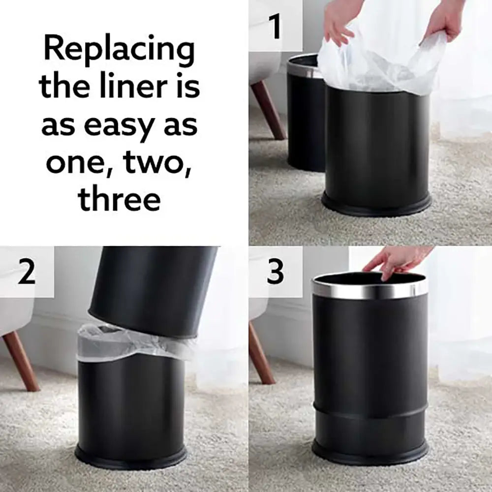 Step-by-step guide on replacing bin liner with text overlay.