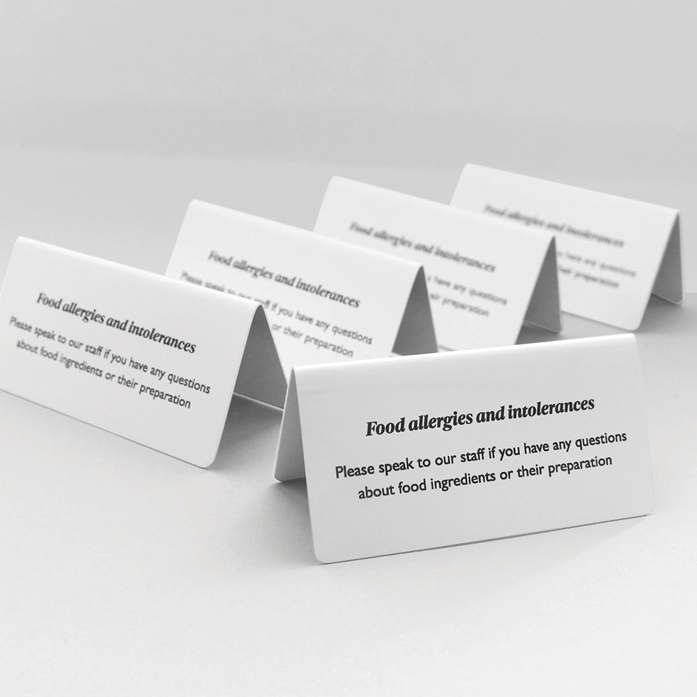 Group image of aluminium tent signs for food allergens and intolerances