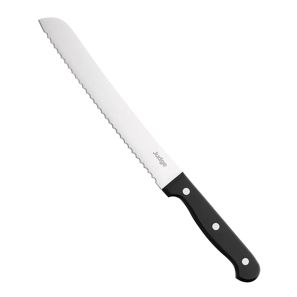 Serrated bread knife with black handle on a white background branded with Judge