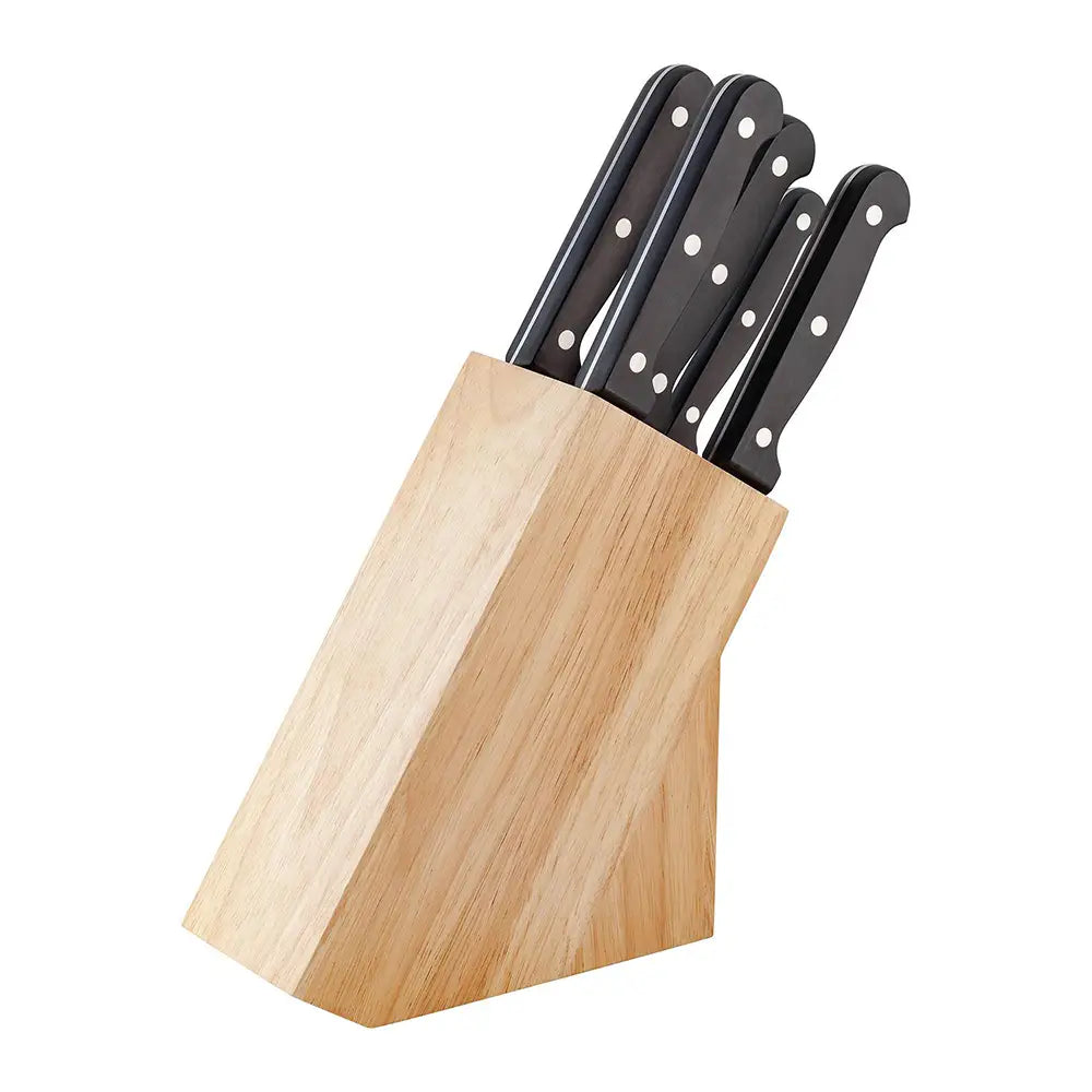 Set of Judge kitchen knives with black handles, steel rivets and wooden holder on a white background