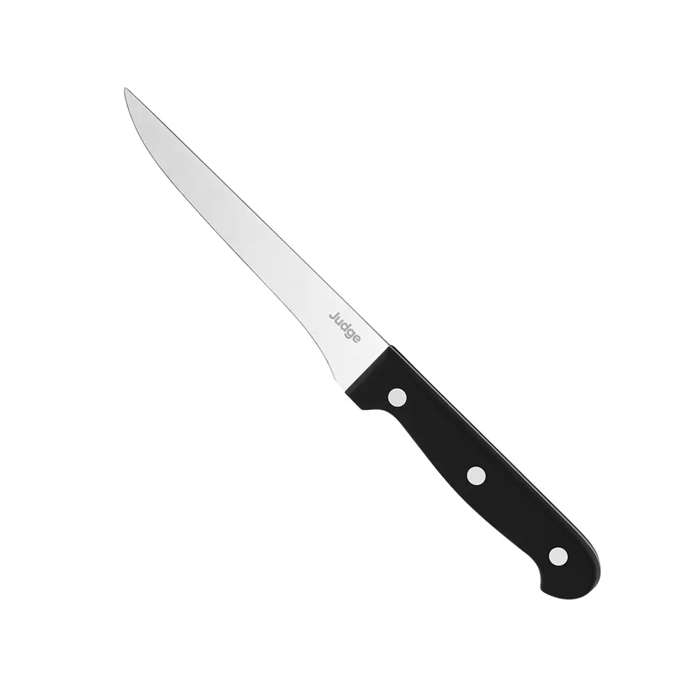 Boning Knife with black handle and steel blade on a white background branded Judge