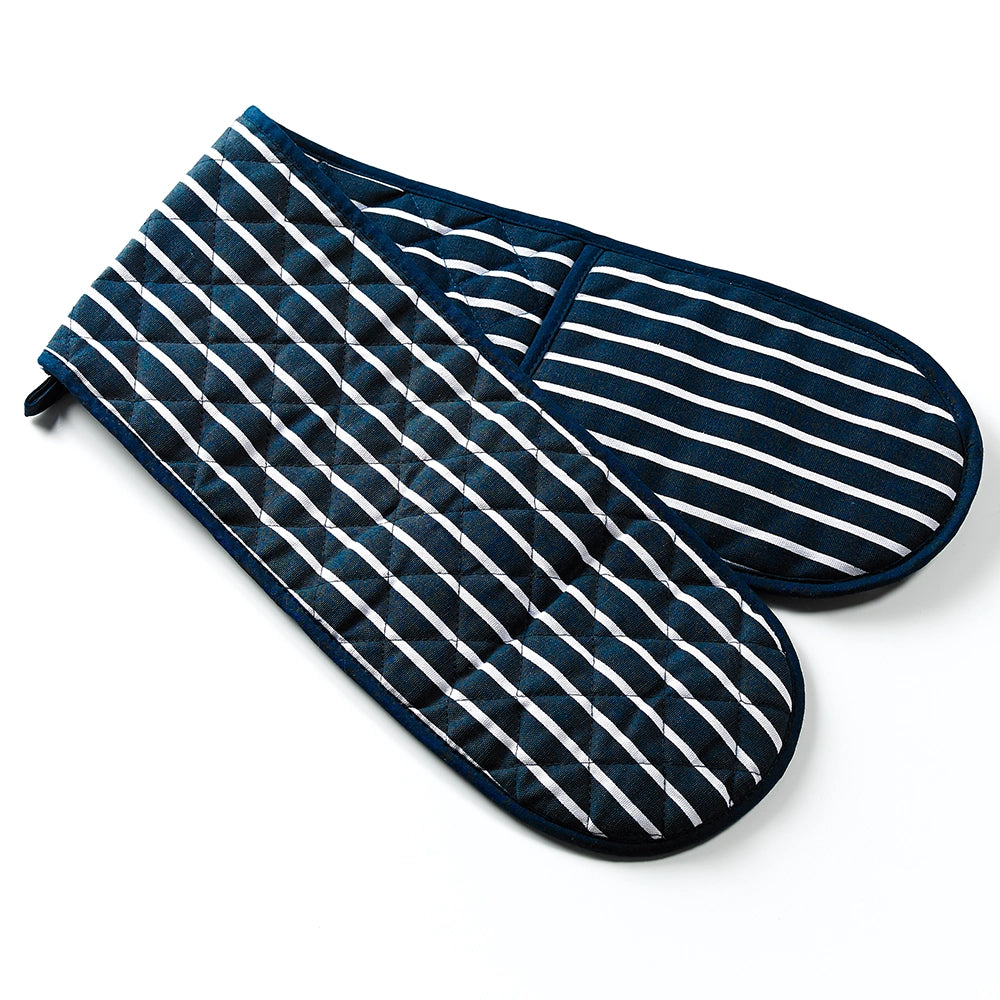 Cotton quilted double oven glove in Navy and White butchers stripe design