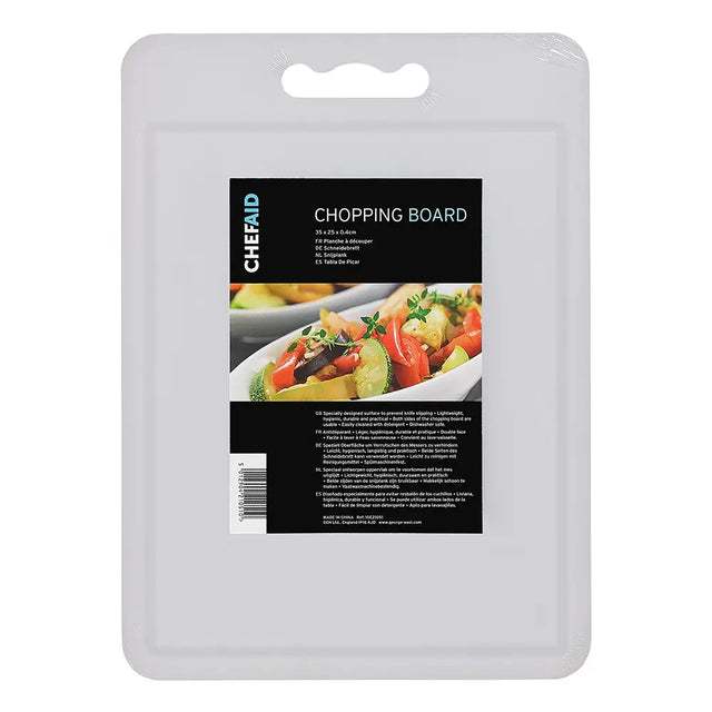 Packaged White chopping board with a label on a white background