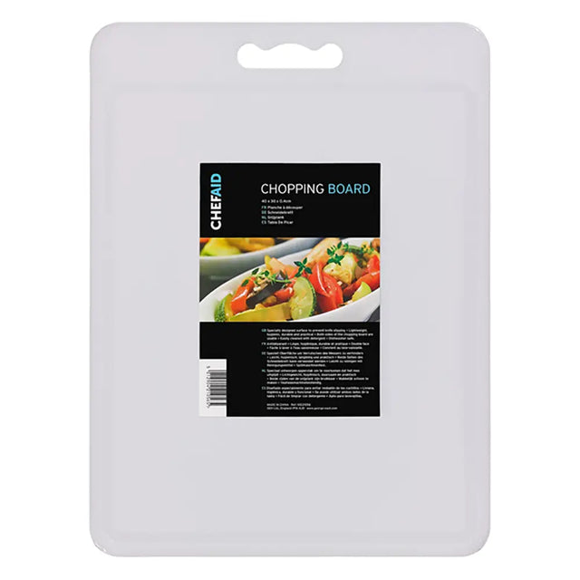 White plastic chopping board on a white background