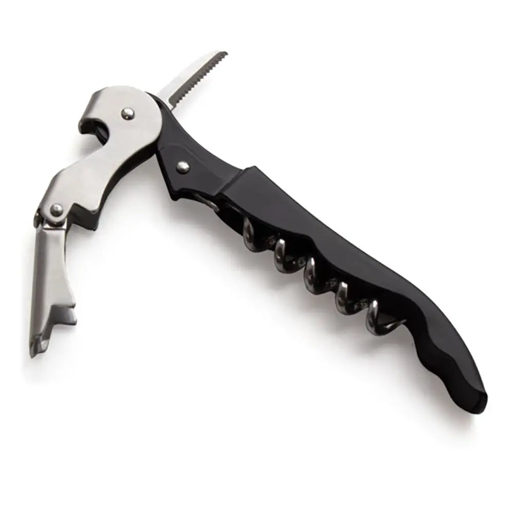 Bottle Opener Corkscrew with black and silver design on a white background