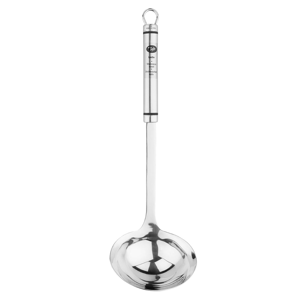 Stainless steel soup ladle with metal hanging loop