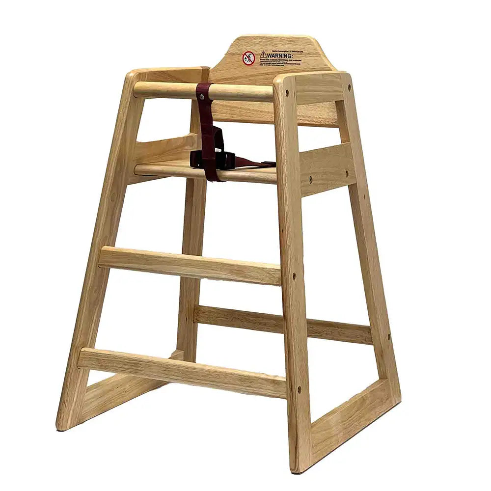 Wooden high chair with a brown strap on a white background