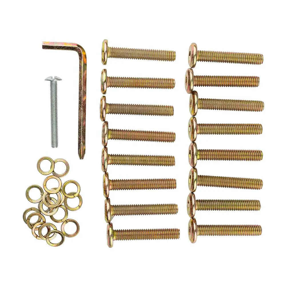 Collection of screws and washers on a white background