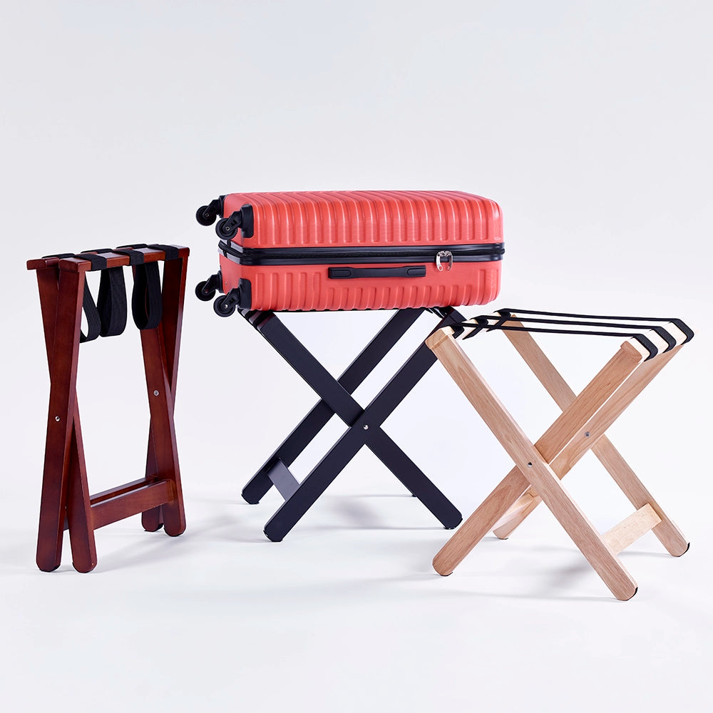 Group image of dark, black and light wood luggage racks