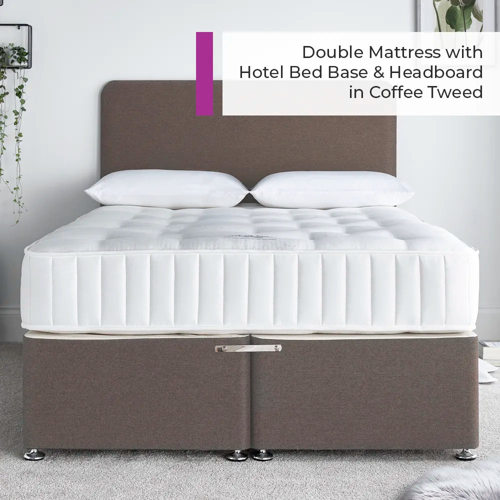 Hotel double bed from Out of Eden with 1000 pocket sprung mattress, coffee tweed headboard and coffee tweed bed bases