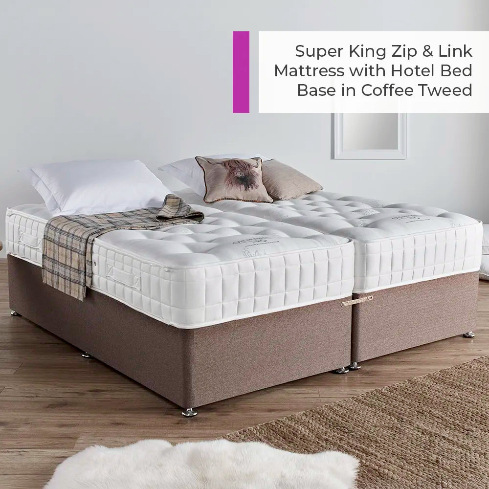 Super King Zip & Link Mattress with Hotel Bed Base in setting.