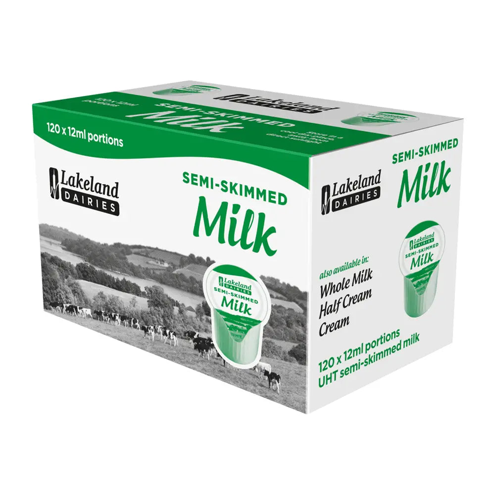 Box of Lakeland Dairies semi-skimmed milk on a white background
