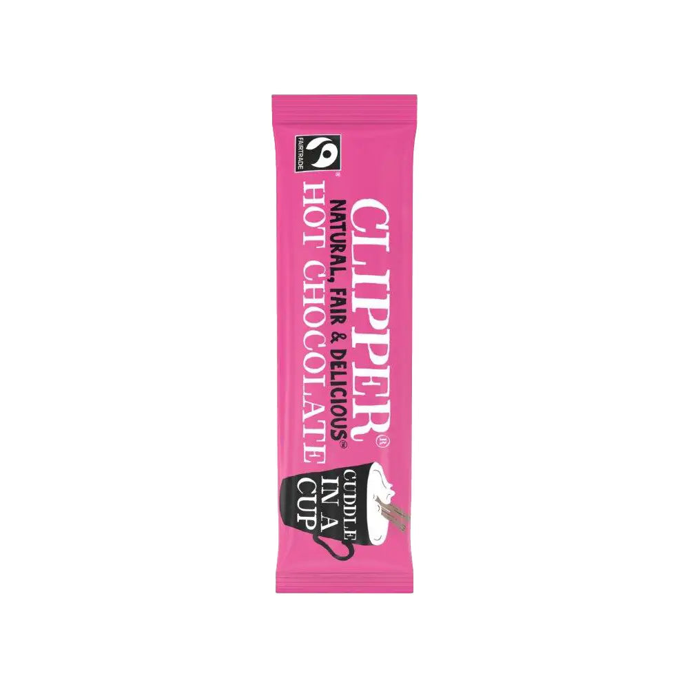 Pink Clipper hot chocolate packet on a white background