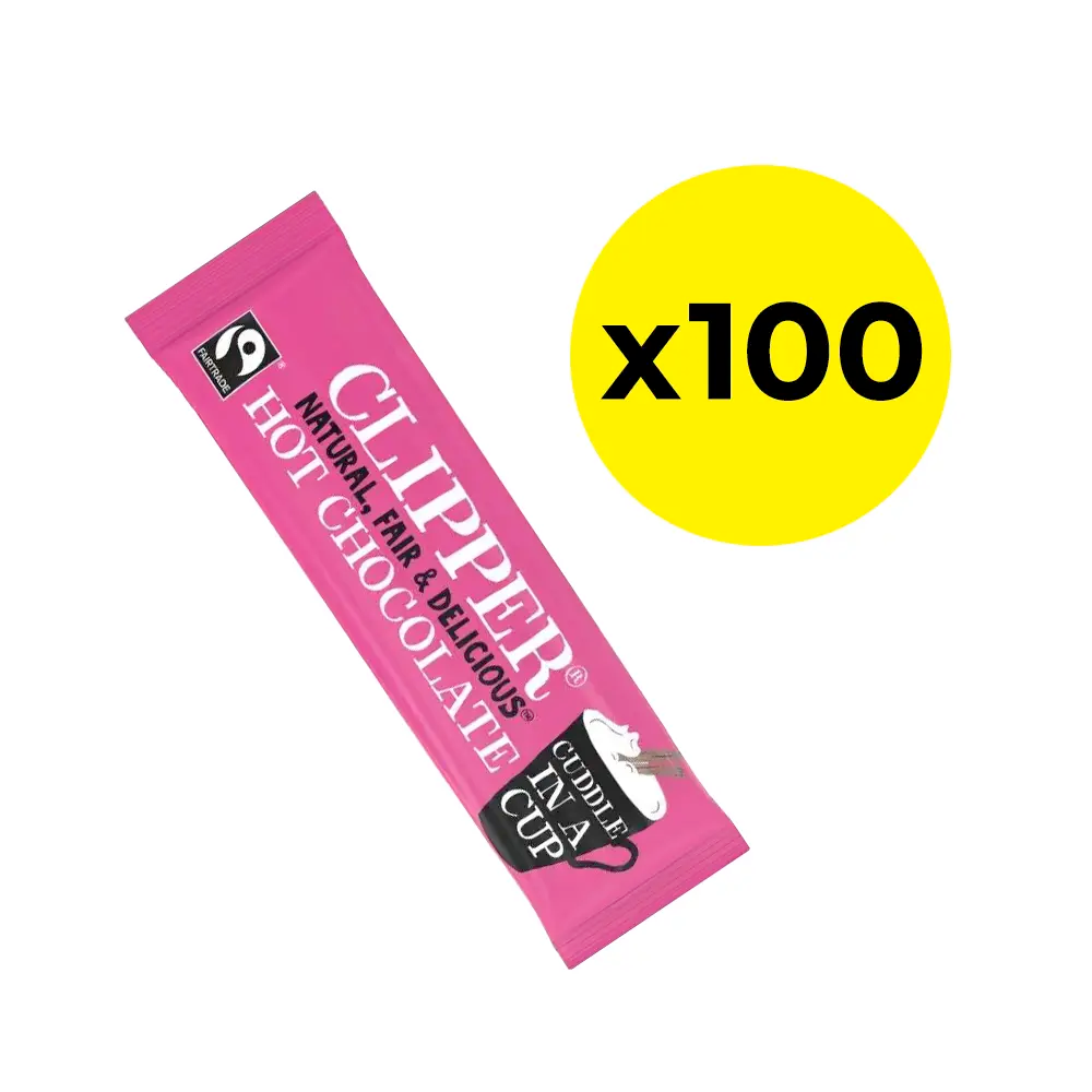 Clipper hot chocolate packet with a yellow circle indicating 'x100' on a white background