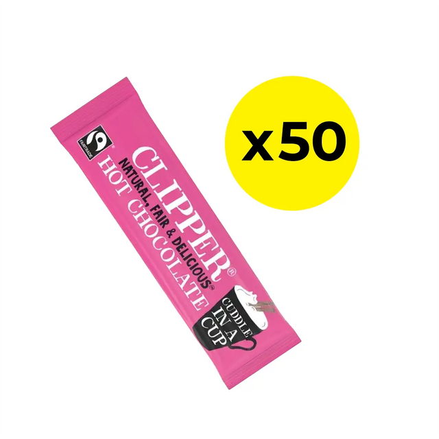 Pink packet of Clipper hot chocolate with a yellow circle indicating 'x50' on a white background