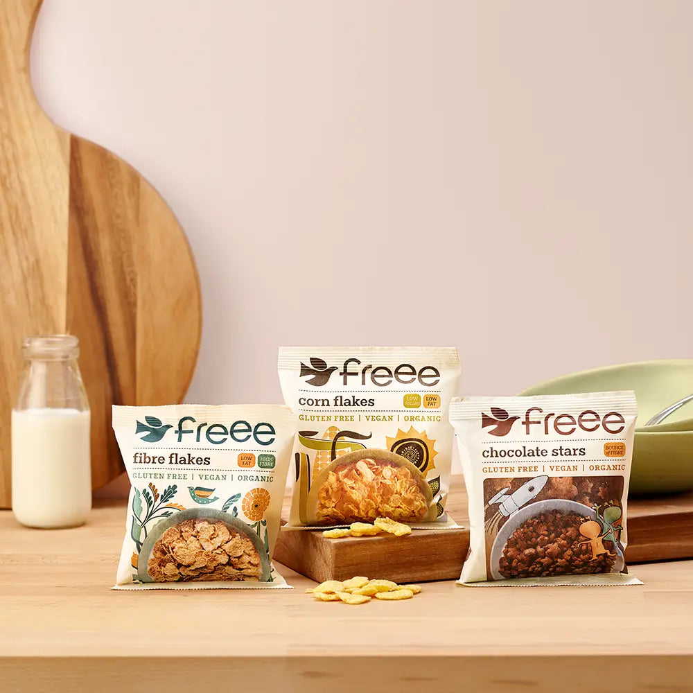 Freee Gluten-Free Organic Corn Flakes Fibre Flakes and Chocolate stars
