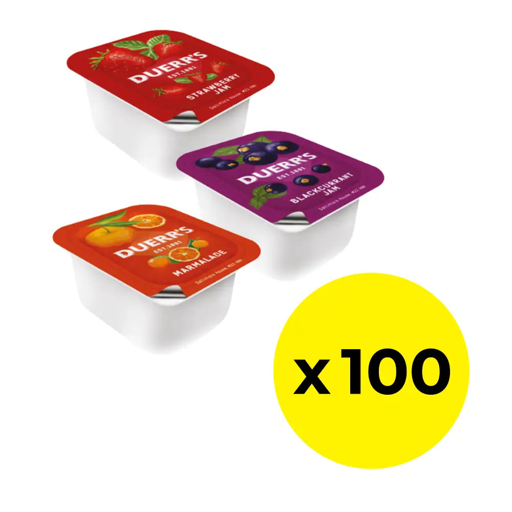 single portion pots of strawberry or blackcurrent jam and marmalade from Duerr’s
