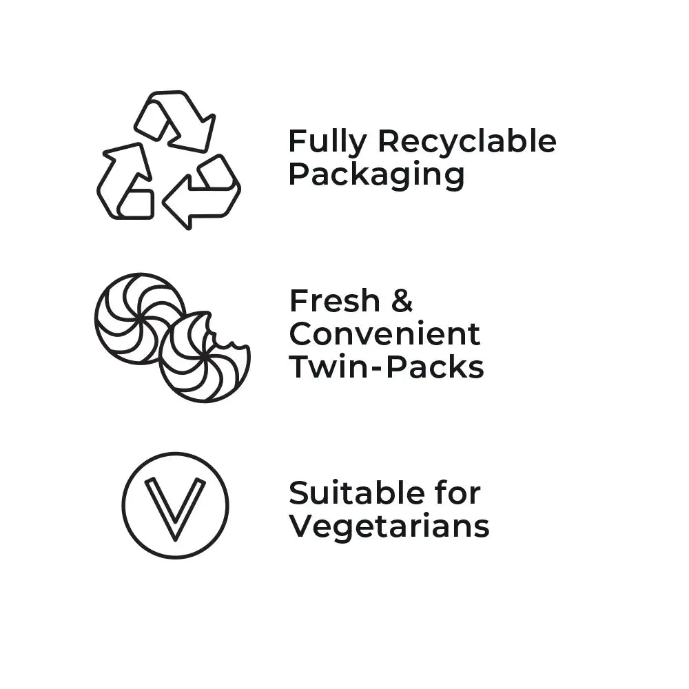 Icons and text indicating fully recyclable packaging, fresh and convenient twin packs, and suitability for vegetarians on a white background.