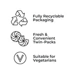 Icons and text indicating fully recyclable packaging, fresh and convenient twin packs, and suitability for vegetarians on a white background.