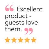 Five-star review with text 'Excellent product - guests love them.' on a white background