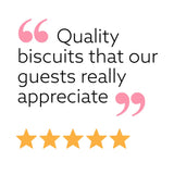 Text with 'Quality biscuits that our guests really appreciate' and five yellow stars on a white background.