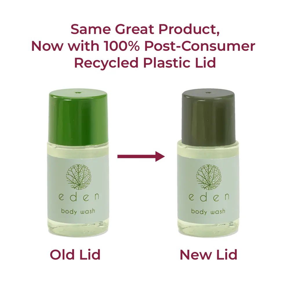 Eden Body Wash old bright green lid versus new 100% post-consumer recycled plastic lid