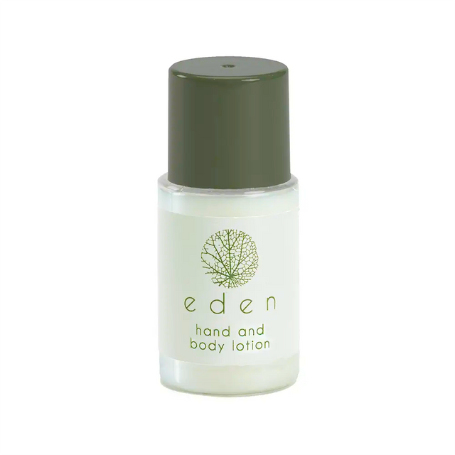 Eden Hand & Body Lotion 20ml bottle with dark green cap and leaf logo – Pack of 50 hotel toiletries