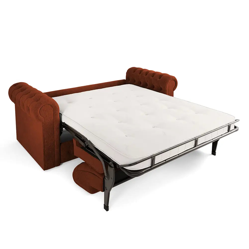 Jay-Be Chesterfield hotel sofa bed, burnt orange, two-seater opened out with mattress