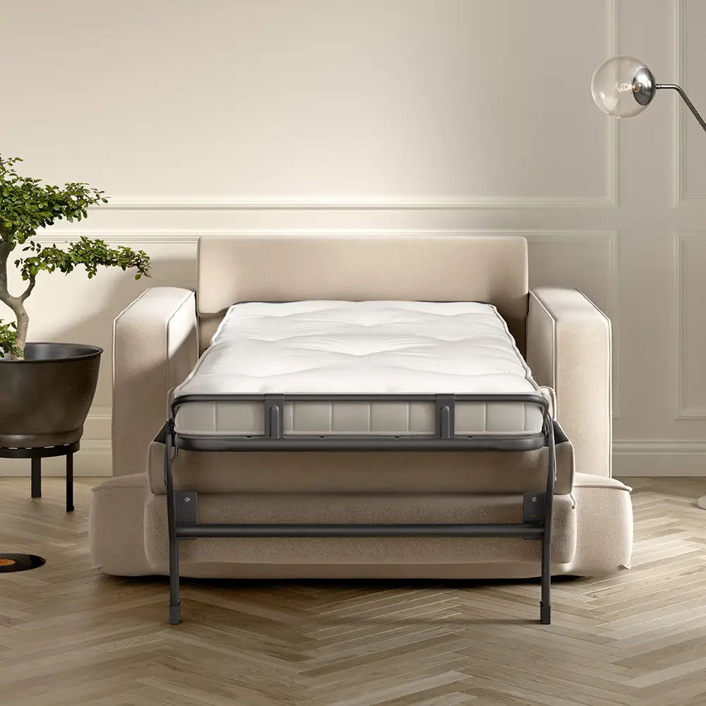 Jay-Be Linea hotel sofa bed, beige, single chair opened out with mattress