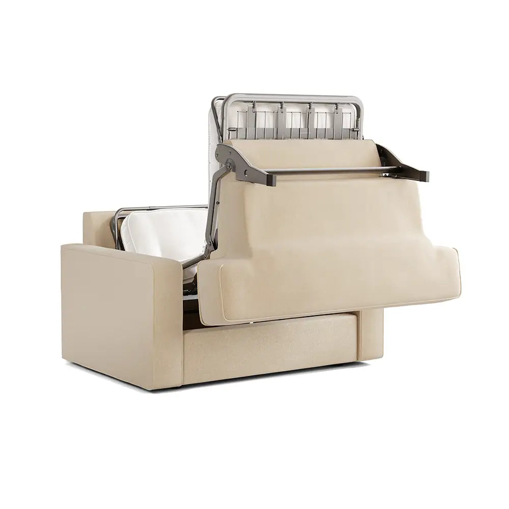 Jay-Be Linea sofa bed, beige, shown mid-conversion with folding mattress frame mechanism