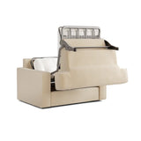 Jay-Be Linea sofa bed, beige, shown mid-conversion with folding mattress frame mechanism