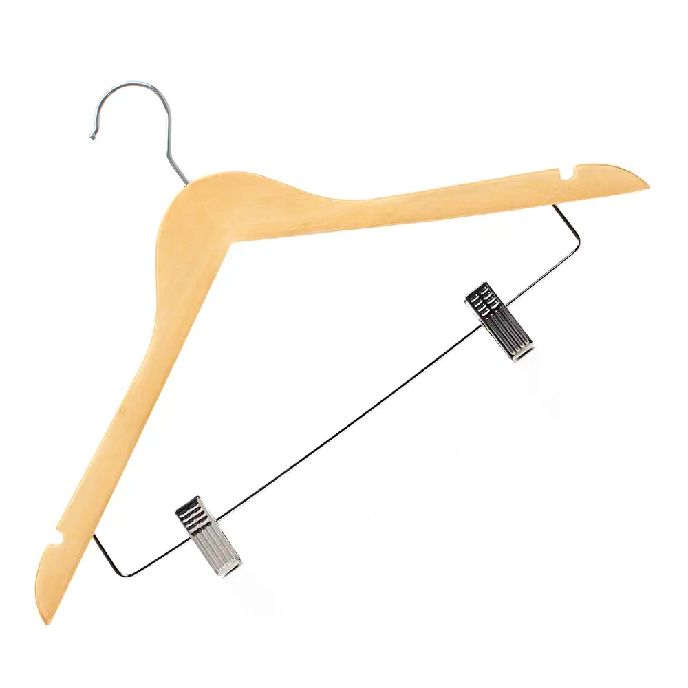 A wooden clothes hanger with a metal support wire and clips, shown on a plain white background