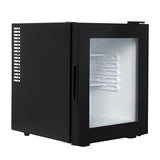 Black refrigerator with glass door on a white background
