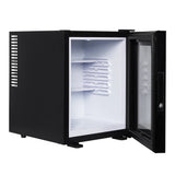 Black refrigerator with open door on a white background