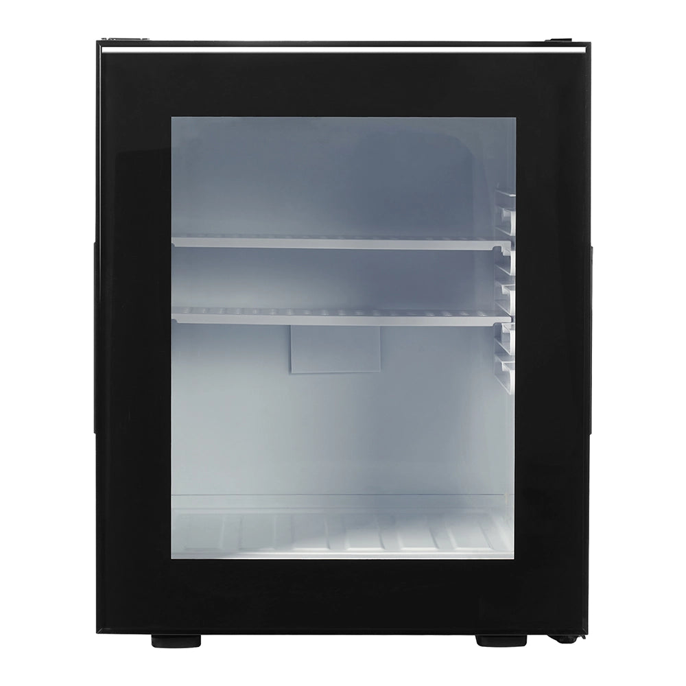 Black refrigerator with glass door on a white background