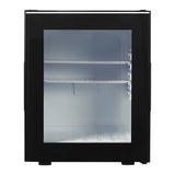 Black refrigerator with glass door on a white background