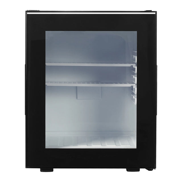 Black refrigerator with glass door on a white background